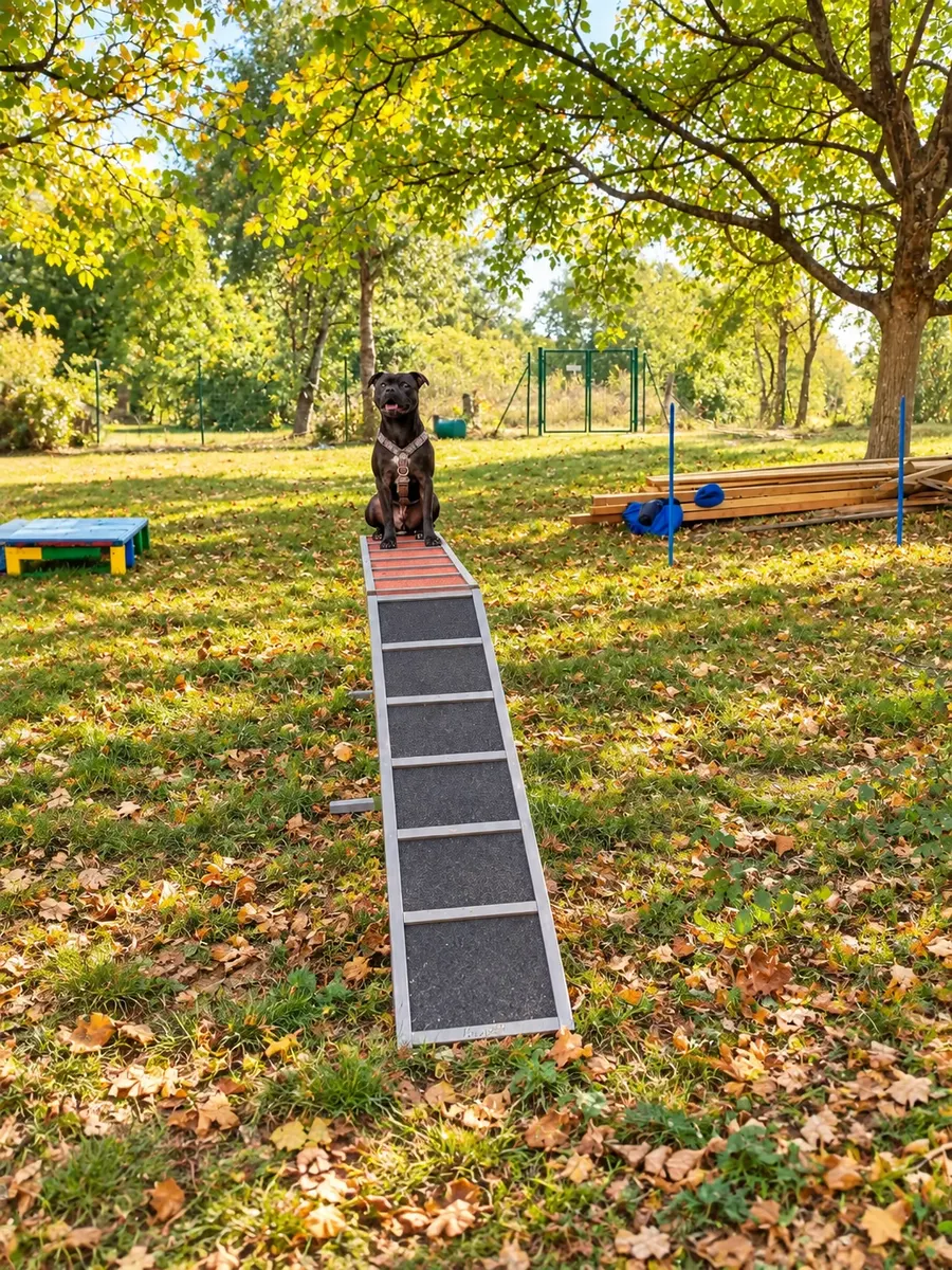 Illustration d’un chien sur une passerelle d’agility dans un parc arboré