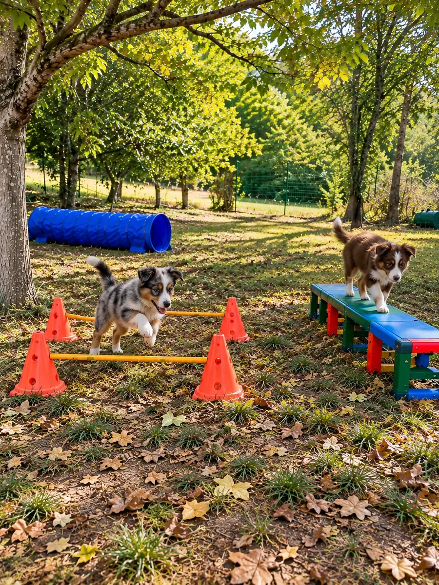 Illustration de deux chiots découvrant de petits obstacles dans un parc ombragé