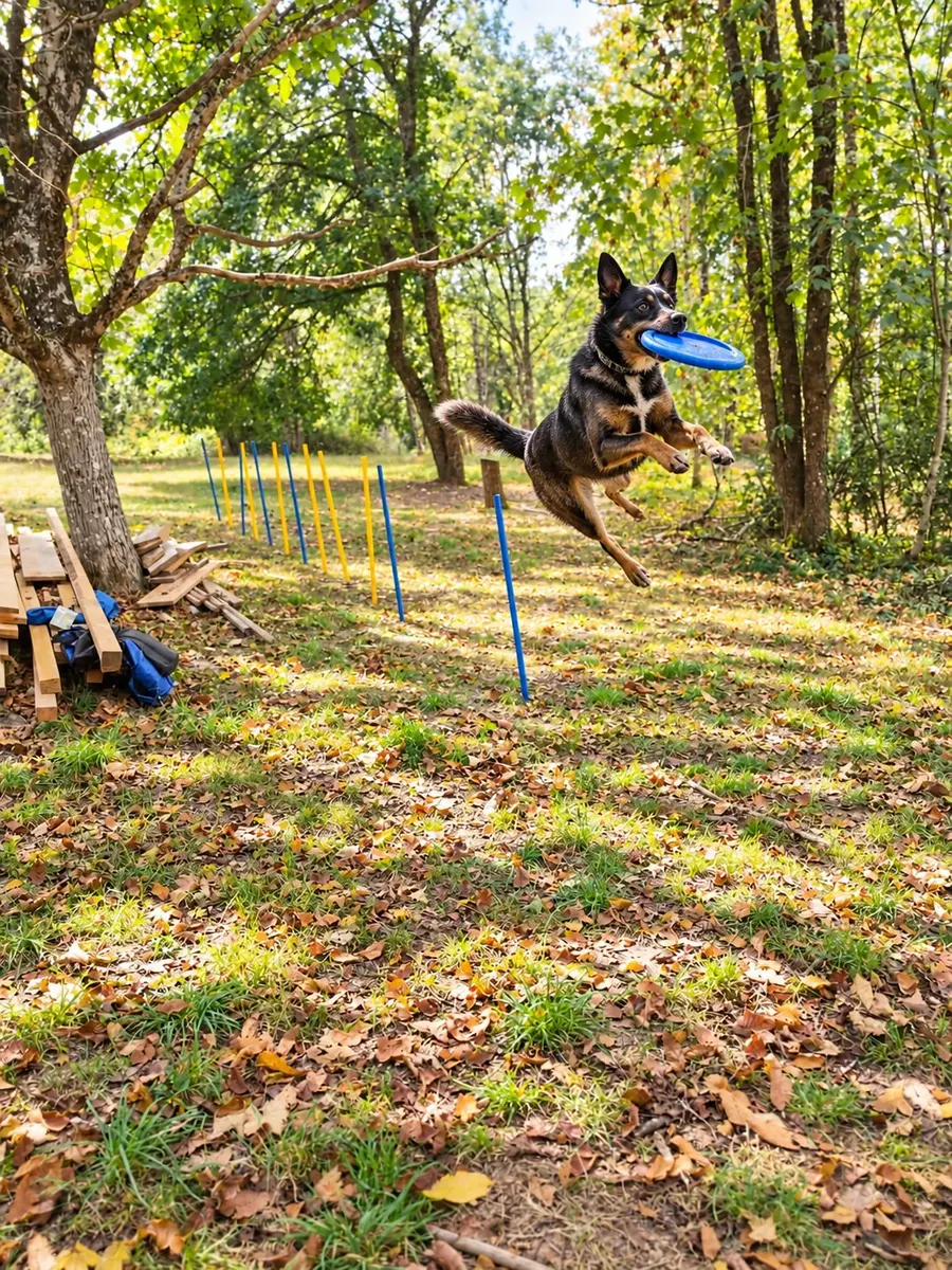 Illustration d’un chien jouant avec un frisbee dans un parc arboré