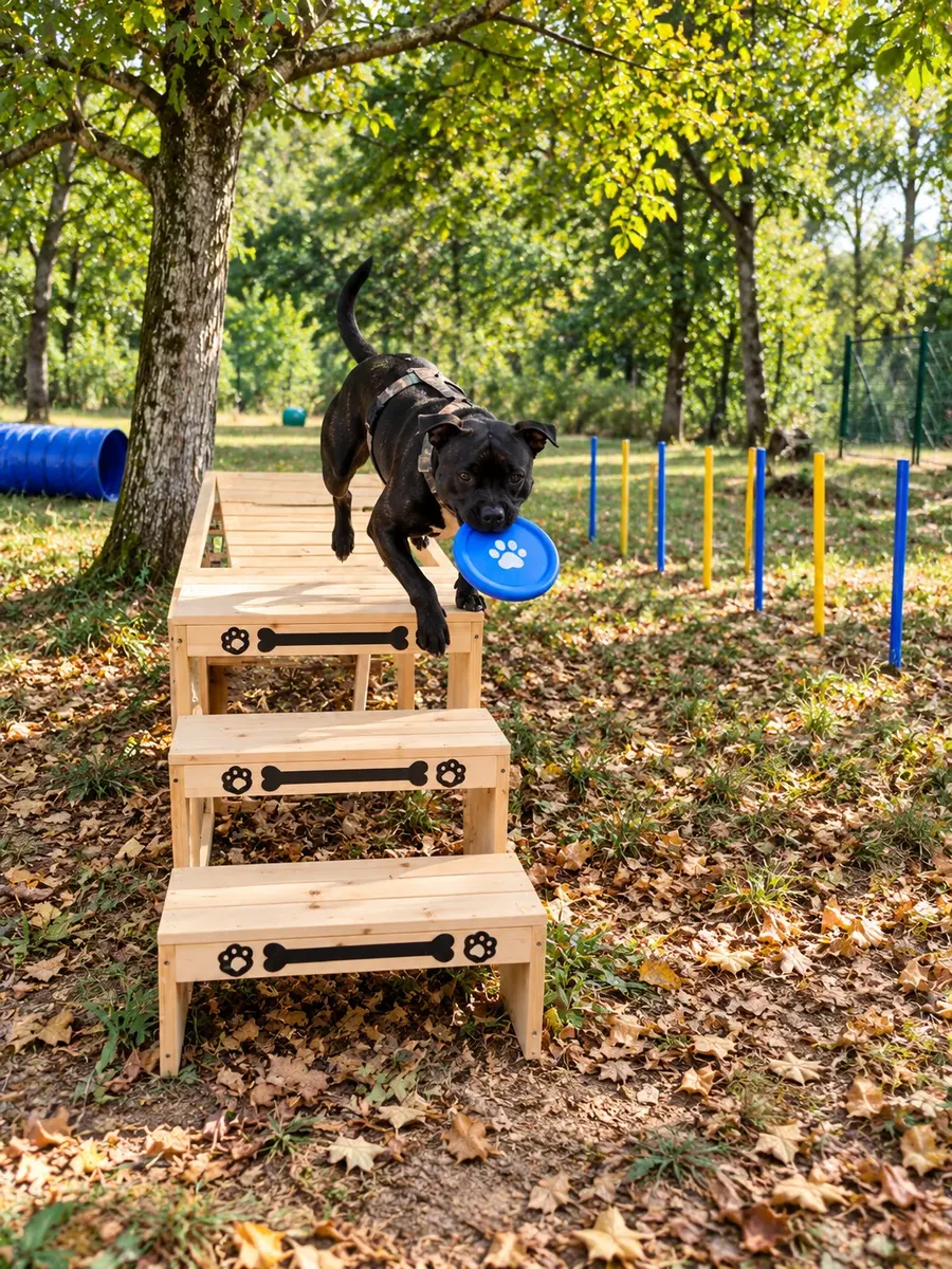 Illustration d’un chien rapportant un frisbee sur un parcours